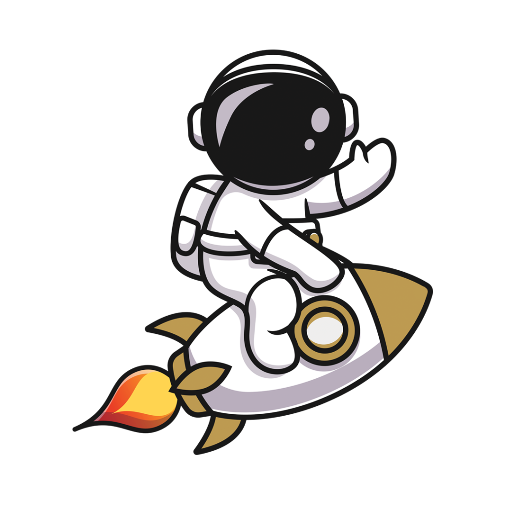 Fast Solutions - Een astronaut die op een raket rijdt op een strakke zwarte achtergrond, perfect voor een webshop of webdesign.